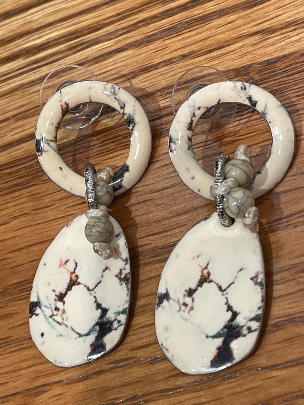 Hammered Silver White Marble Drop Earrings